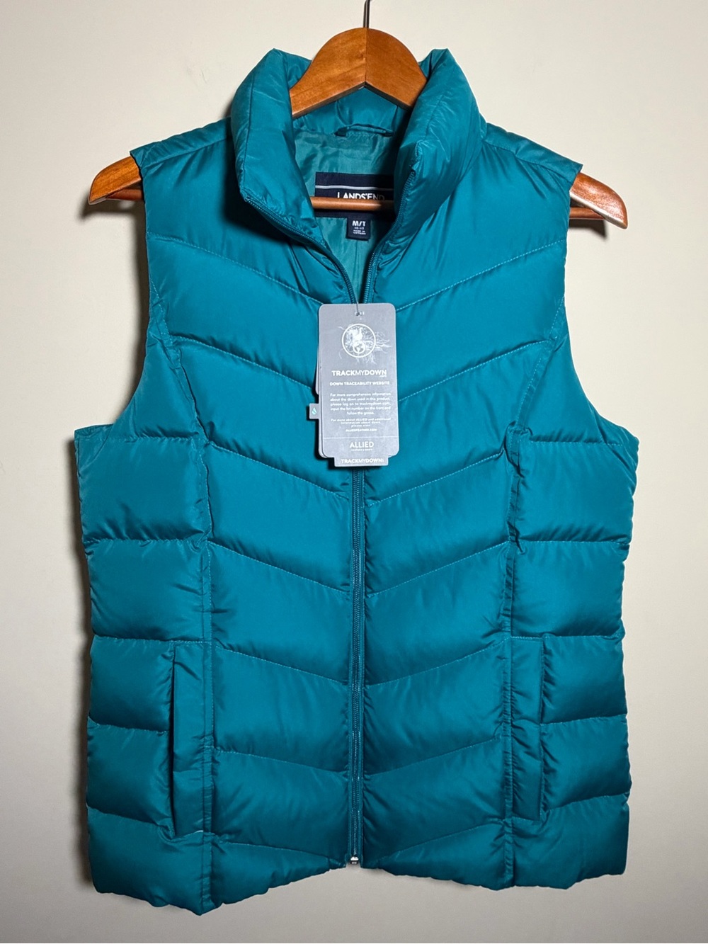Lands’ End Women’s M Tall 10-12 Down Puffer Vest 600 Fill Teal NWT